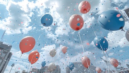 Wall Mural - sky filled with red, white, and blue balloons and confetti.