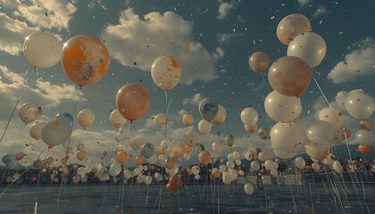 Wall Mural - sky filled with red, white, and blue balloons and confetti.