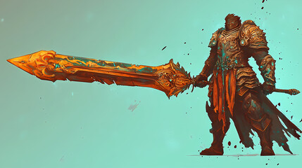 Poster - Icon of a legendary warrior with ornate armor wielding a massive enchanted sword generative ai. Enchanted Sword. Illustration