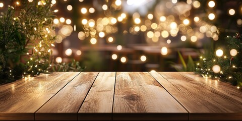 Poster - Wood table background, Hyper realistic, wooden table in a coffee shop with beautiful fairy lights, Mock up, Portrait mode, New year