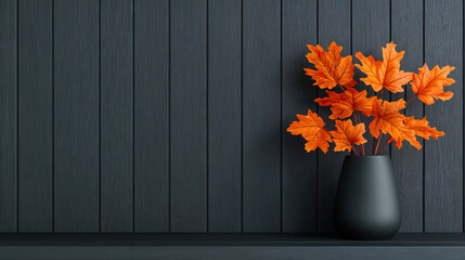Poster - Orange autumn maple leaves in black vase on empty black table