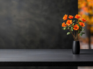 Poster - Orange flowers in a vase on a black table with copy space