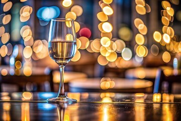 Wall Mural - glass of white wine on wooden table with festive lights
