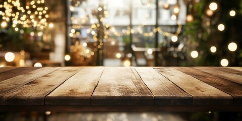 Poster - Wood table background, Hyper realistic, wooden table in a coffee shop with beautiful fairy lights, Mock up, Portrait mode, New year