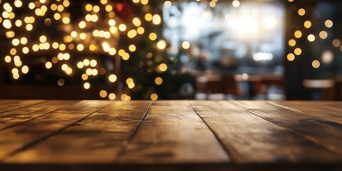 Poster - Wood table background, Hyper realistic, wooden table in a coffee shop with beautiful fairy lights, Mock up, Portrait mode, New year
