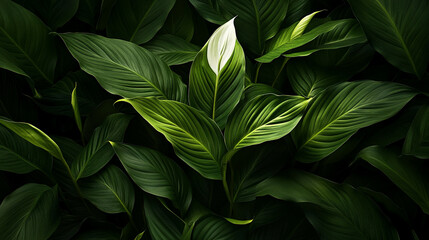 Wall Mural - Lush green leaves with striking patterns illuminated by soft light in a botanical garden