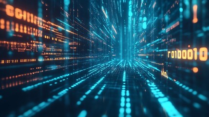 Abstract digital tunnel with binary code glowing in blue and orange light.