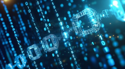 Leinwandbilder - Abstract 3D illustration of a blue blockchain network with binary code flowing in the background.