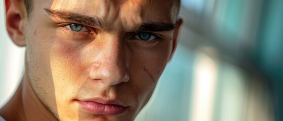 Close-up of a young Eastern European man with a serious expression, looking at the camera