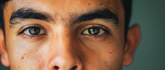 Close-up of a young Hispanic man with dark eyes, looking at the camera