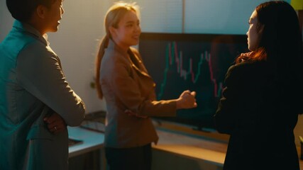 Poster - Businesswoman is presenting stock market data to her colleagues, using a whiteboard and marker to highlight key trends and insights