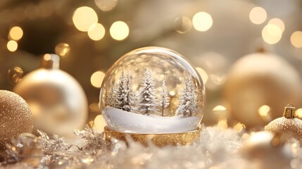 White gold ornaments with a central snow globe shining in a serene winter scene