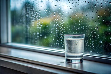 Wall Mural - Glass of water on window sill with rain droplets