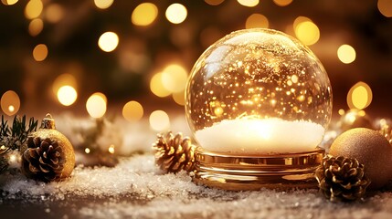 Festive white gold decorations surrounding an empty snow globe glowing softly