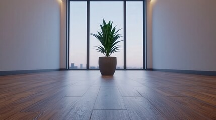 Sticker - Minimalist Office Interior with Plant  Large Window   City View