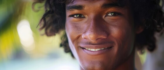 Close-up of a young Pacific Islander man with a serious expression, looking at the camera 