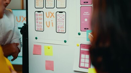 Poster - Web designers collaborate on reviewing a smartphone application interface design, utilizing a whiteboard to discuss user experience and wireframe concepts