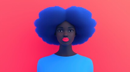 Poster - Portrait of a Woman with Blue Afro Hairstyle Against Red Background