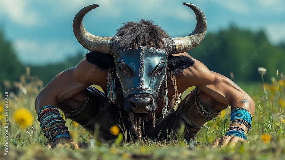 Animistic Ritual Shaman in ritual bison mask squats against prairie backdrop. Animism ...