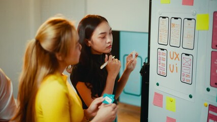 Poster - Two asian web designers are collaborating on a whiteboard covered with ux and ui sketches. They are discussing the user experience for a mobile application