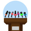 © antoniofrancois - Press conference podium. Tribune for debate speaker with journalist microphone. Platform for interview or public announcement vector concept