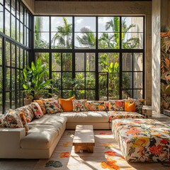 Modern Tropical Living Room with Large Windows and Sectional Sofa