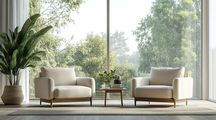 Cozy living room with two armchairs and a coffee table overlooking a serene garden view