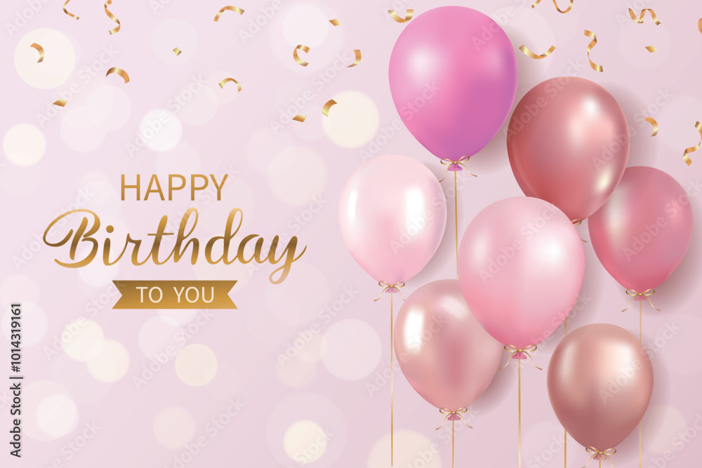 Realistic happy birthday banner with pink and white balloons and ...
