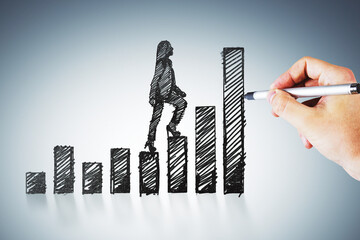 Poster - Hand drawing a person climbing stairs depicted as bar graphs on a white background concept of business growth and success.