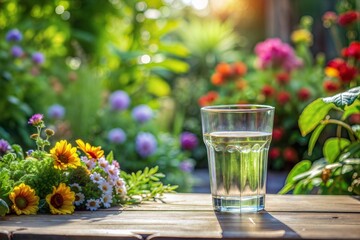 Poster - Glass of water surrounded by colorful flowers in bright garden