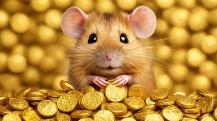 Cute Rat Holding Gold Coins  Wealth  Fortune  Prosperity Concept