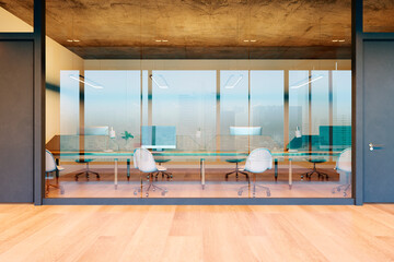 Poster - Modern empty office interior with glass walls and wooden floor. 3D Rendering