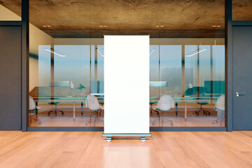 Poster - Modern office interior with blank roll-up banner in front of glass-walled conference room. 3D Rendering