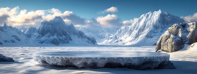 Wall Mural - ice podium background snow winter product platform cold mountain 3d. podium ice display background c