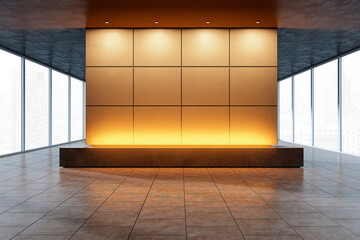 Poster - Modern exhibition space with a central backlit display wall in a cityscape background. 3D Rendering