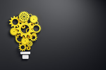 Poster - Yellow cogwheels forming a lightbulb on a black background. 3D Rendering