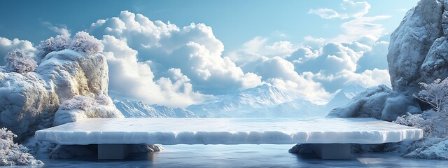 Wall Mural - ice podium background snow winter product platform cold mountain 3d. podium ice display background c