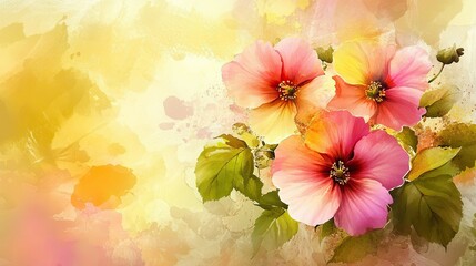 Wall Mural - Watercolor painting of pink and yellow flowers on a yellow background with copy space.