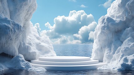 Wall Mural - ice podium background snow winter product platform cold mountain 3d. podium ice display background c