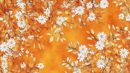 Wall Mural - Watercolor illustration of white daisies on orange background with leaves.