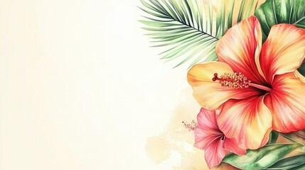 Wall Mural - watercolor painting of tropical hibiscus flowers and palm leaves on a white background.