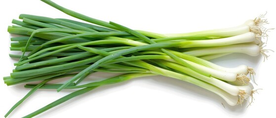 Freshly picked scallions arranged on a white surface, in PNG format