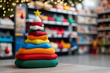 Colorful Knitted Christmas Tree Pyramid in Festive Store Display with Holiday Lights, New year banner with copy space