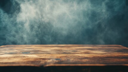 Thick, mysterious smoke rises over a dark wooden table, creating an atmospheric and enigmatic ambiance in muted lighting