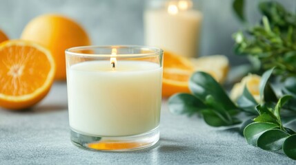 Sticker - A scented candle burns gently among fresh oranges and green leaves, creating a refreshing and uplifting atmosphere