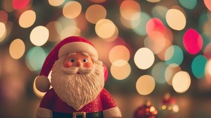 Sticker - A delightful Santa Claus figurine is prominently displayed against a backdrop of bright, colorful bokeh lights, enhancing the festive atmosphere