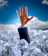 Drowning in Bureaucracy: Businessman Hand Signaling for Help in an Ocean of Paperwork