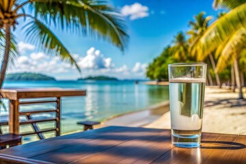 Wall Mural - Glass of water on table with tropical beach as backdrop