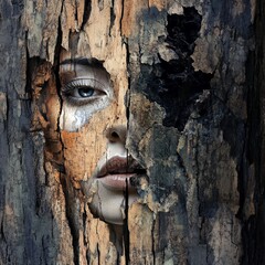 Poster - A striking blend of nature and human form. A face emerges from weathered wood, symbolizing connection and transformation. This artistic creation captures beauty in decay. AI