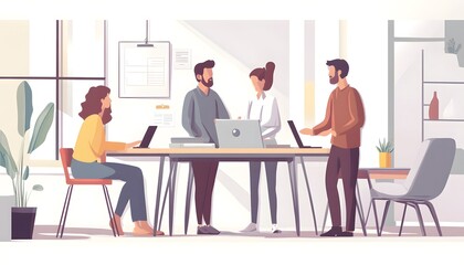 Poster - Four People Collaborating at a Desk in a Modern Office